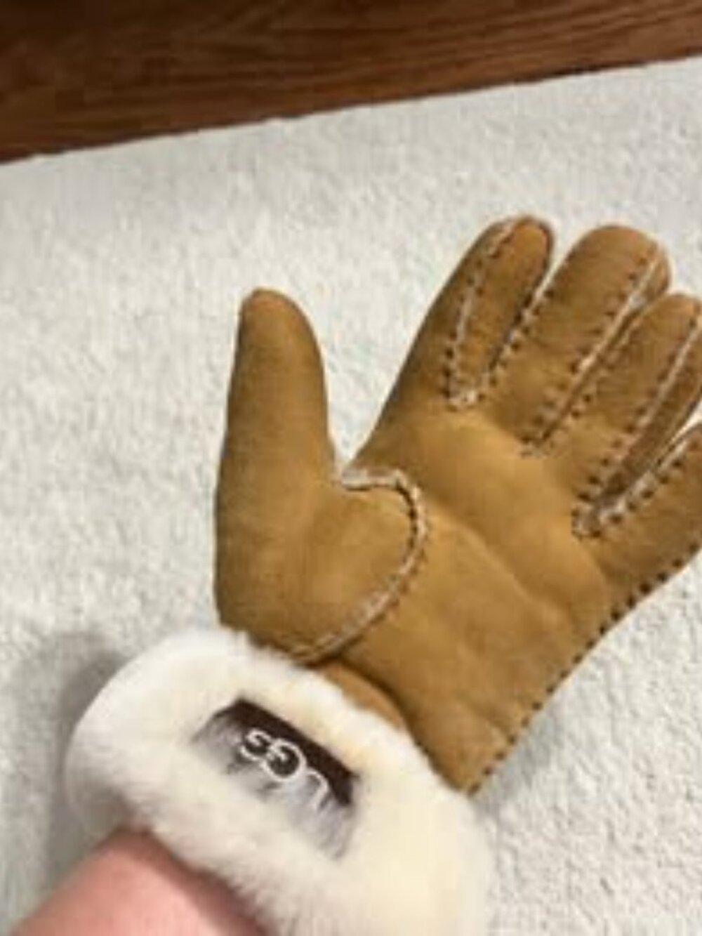 UGG Chestnut Suede Shearling Gloves Ivory Fur Cuff Size S - Picture 2 of 8